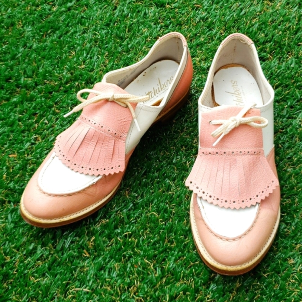 HITCHIKERS Vintage Ladies Spectator Golf Shoes W/ Kiltie Pink & White Size 7